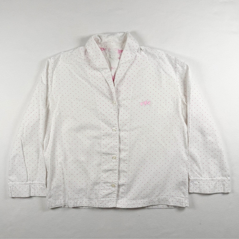 Per Una‎ Womens White Pink Polka Dot Heart Embroidered Pajama Top Long Sleeve